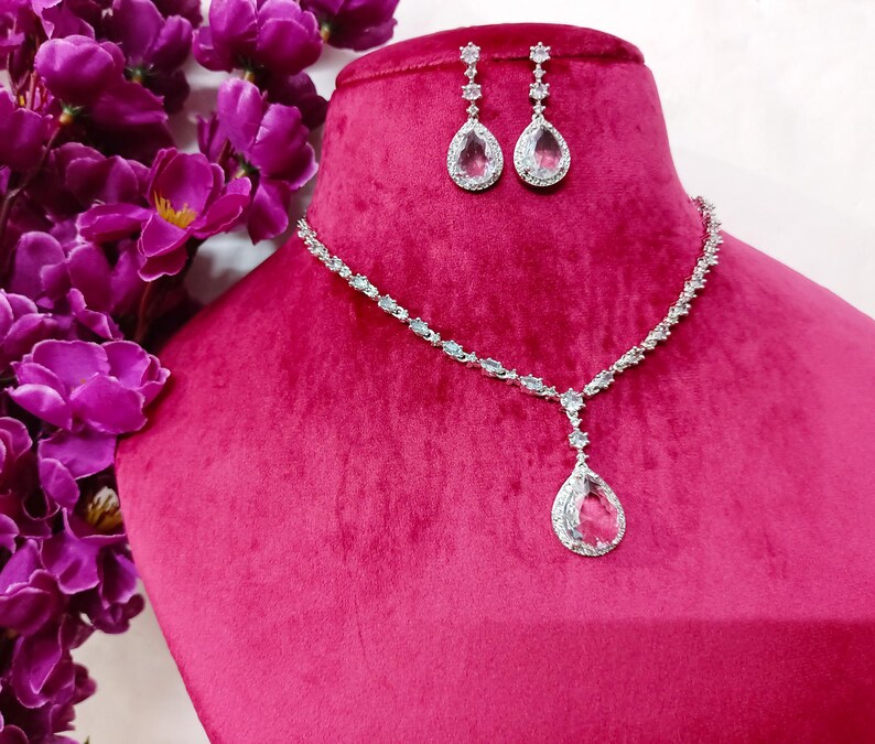 CZ White Necklace With Earrings Bridal Choker Necklace Jewelry Set