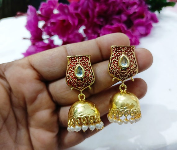 Kundan Red Meenakari Earrings Pearls Bridal Jhumki Earrings Gold Plated Indian Earrings Wedding Earrings Party Wear newest Statement Punjabi Jhumka