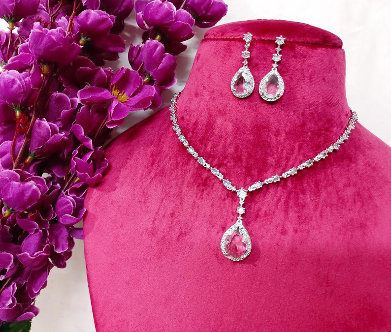 CZ White Necklace With Earrings Bridal Choker Necklace Jewelry Set