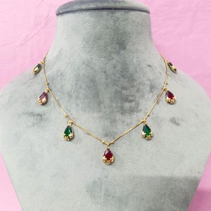 Gold Plated CZ Necklace Choker: Ruby Red Emerald Green Party Wear Indian Jewelry