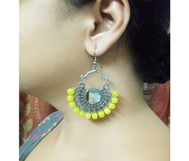 Indian Oxidized Earrings With Yellow Pearls Beaded Chand Bali Party Wear German Silver Mirror Earrings Antique Plated Handmade Ethnic Set