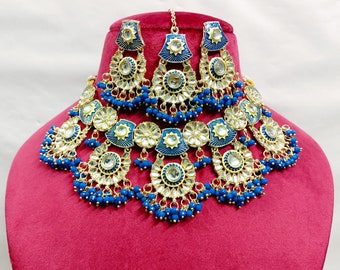 Kundan Choker Necklace Set: Blue Meenakari Indian Bridal Jewelry