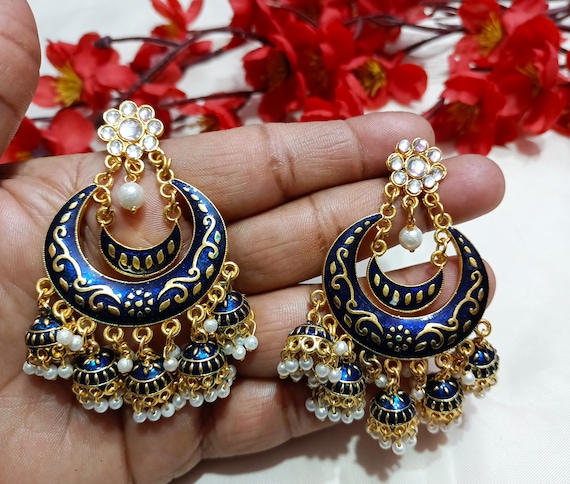 Buy Kundan Earrings,designer Chand Bali,handmade White Kundan Earrings,indian  Gold Plated Jewelry, Bollywood Fashion,statement Earrings Online in India -  Etsy