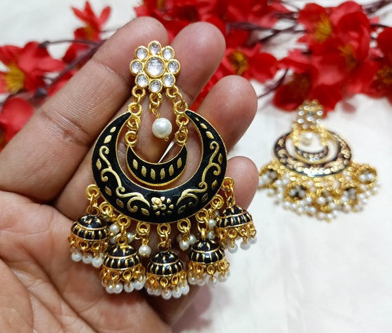 Designer Kundan Earrings Black and Grey Earrings Meenakari Chand Bali  Earrings Gold Plated Pearls Earrings Wedding Pakistani Earrings Set - Etsy