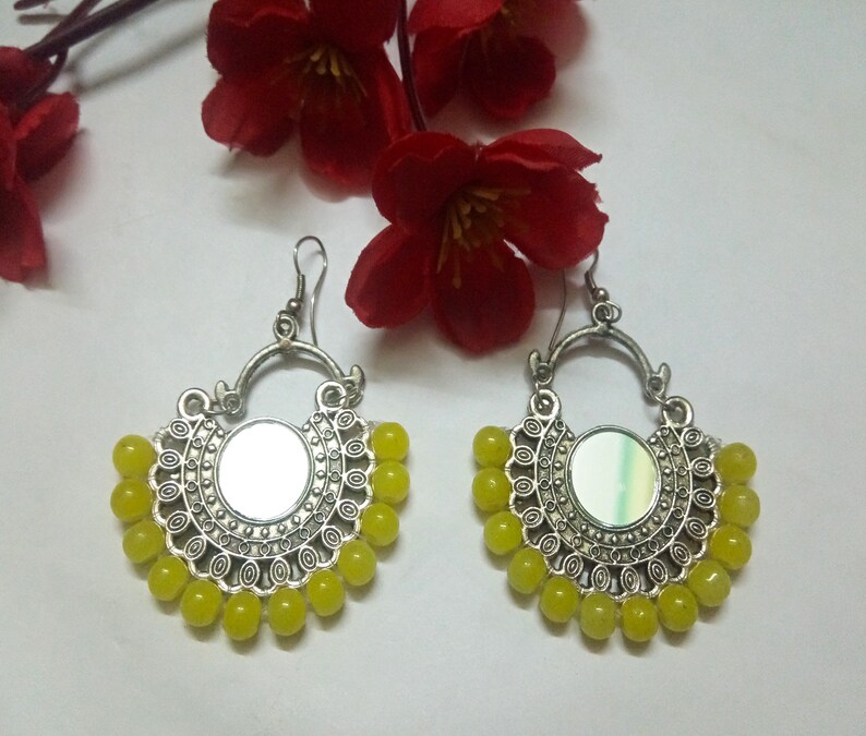Indian Oxidized Earrings With Yellow Pearls Beaded Chand Bali Party Wear German Silver Mirror Earrings Antique Plated Handmade Ethnic Set