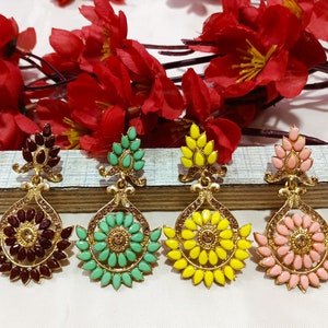 Indian Bridal CZ Earrings Party Wear Earrings Wedding Earrings Red Green Yellow Peach Color Earrings Indian Jewelry Pakistani Wedding Gift
