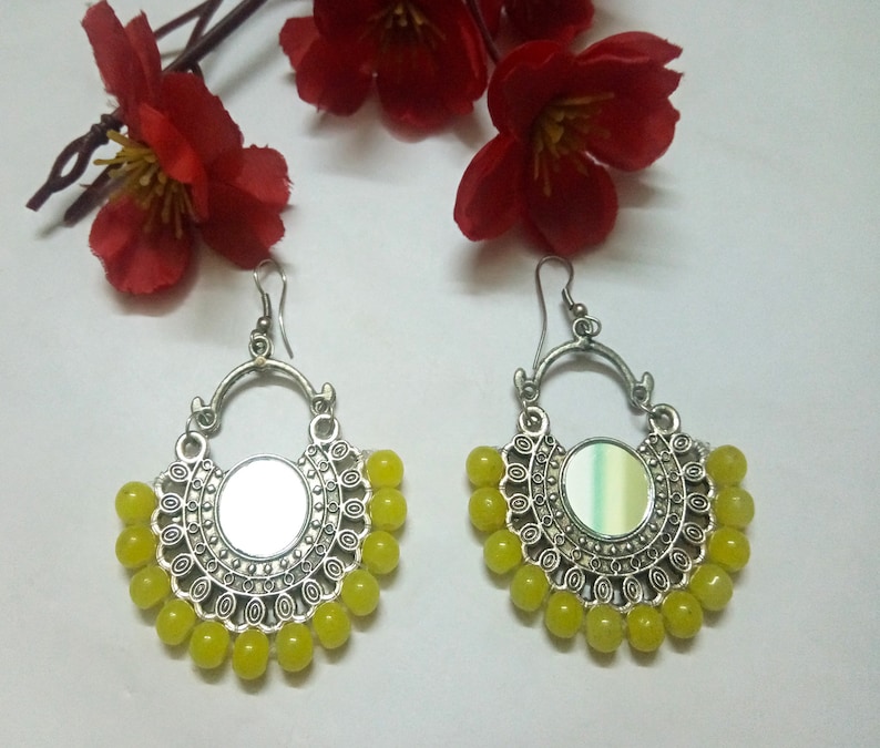 Indian Oxidized Earrings With Yellow Pearls Beaded Chand Bali Party Wear German Silver Mirror Earrings Antique Plated Handmade Ethnic Set