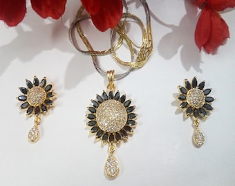 Indian Gold Plated CZ Earrings Pendant Jewelry with Black Onyx Stone Studded Jewelry Party Wear Jewelry Statement Jewelry Ethnic Jewellery