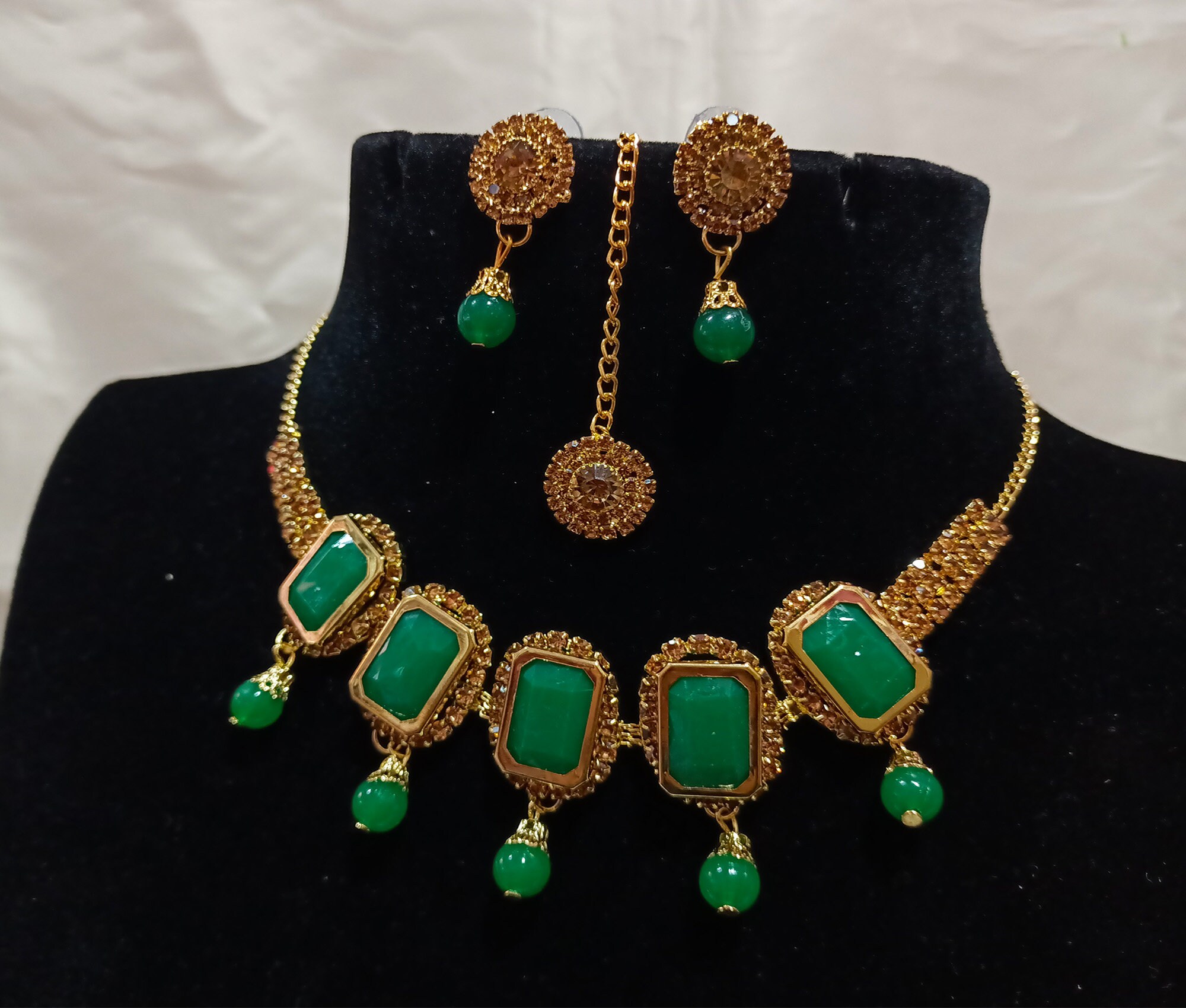 Green CZ Choker Necklace Earrings Set 