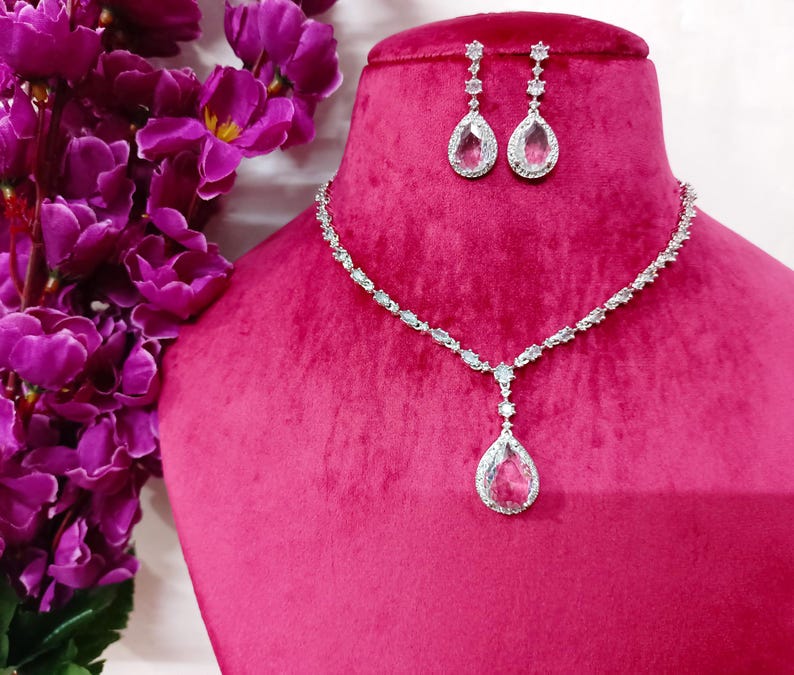 CZ White Necklace With Earrings Bridal Choker Necklace Jewelry Set