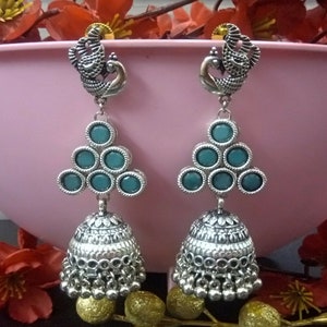 Indian Oxidized Earrings Silver Plated CZ Jhumki With Different Color Accents Party Wear German Silver Jewelry Handmade Wedding Jewelry Set