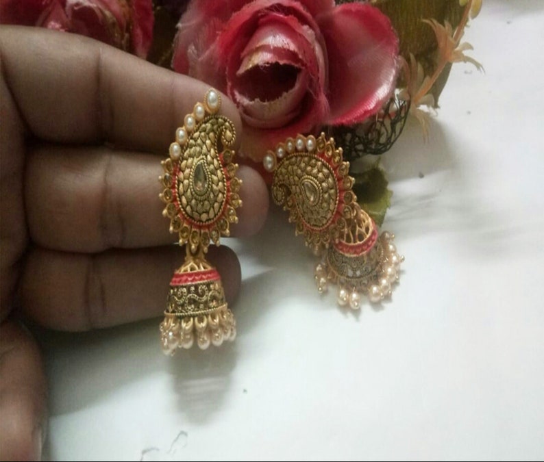Indian Designer Pearls Jhumki Gold Plated Matt Finish Hand Painting Work With Small Kundan Party Wear Jewelry Handmade Wedding Fashion Set