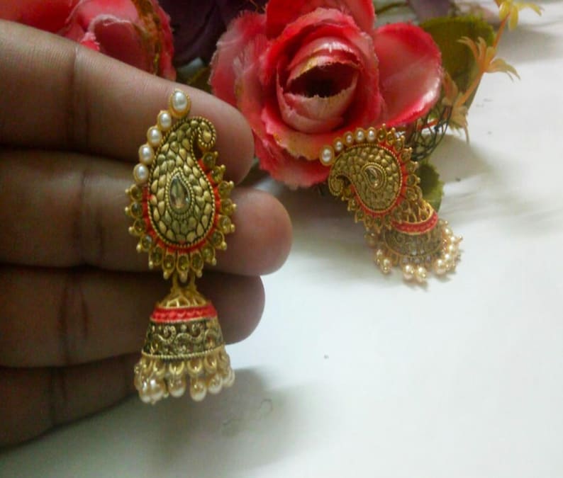 Indian Designer Pearls Jhumki Gold Plated Matt Finish Hand Painting Work With Small Kundan Party Wear Jewelry Handmade Wedding Fashion Set