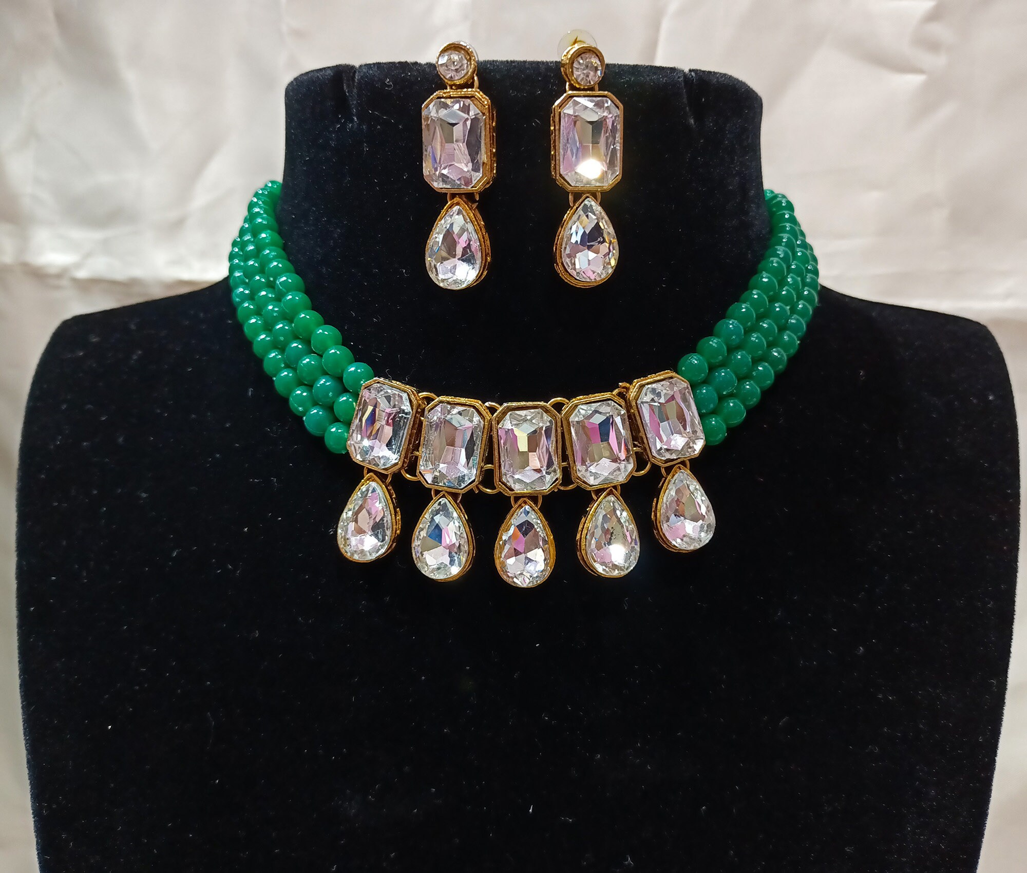 Indian CZ Choker Necklace Earrings 