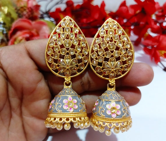 Buy Kundan Grey Meenakari Bridal Jhumki Jhumka Wedding Earrings