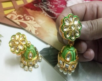 Green Kundan Jhumki Earrings: Gold Plated Meenakari Pearl Jewelry
