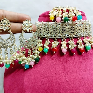 Bridal Kundan Necklace Multi Color Pearls Choker Earrings Wedding Necklace Set Indian Jewelry Gold Plated Jewelry Indian Necklace Party Wear