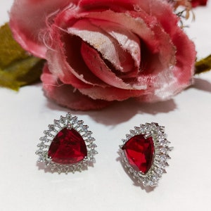 Designer CZ Earrings Red Ruby Studs Earrings Party Wear Earrings Indian Earrings Wedding Earrings Bridesmaid Gift Set Silver Plated Jewelry