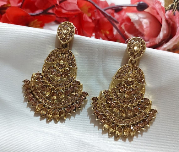One gram gold plated designer CZ earrings with Maang Tikka – Simpliful  Jewelry