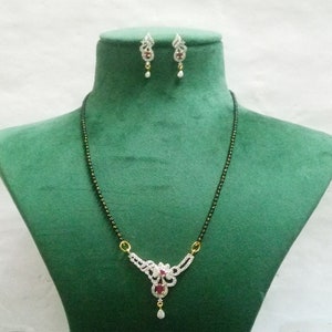 Traditional Indian Bridal Mangalsutra CZ Necklace Earrings with Red Ruby Studded Jewelry Gold Plated Black Beaded Handmade Women Jewellery