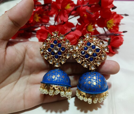 Indian Kundan Jhumki Earrings Blue Meenakari Earrings Bridal