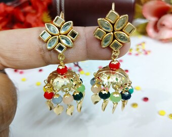 Orecchini Jhumka Indiani Bollywood Tradizionali Placcati Oro - Foto 11