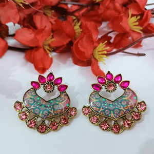 Indian CZ Earrings 3D Hand Painted Earrings Party Wear Earrings Purple Stone Earrings Gold Plated Jewelry Indian Earrings Wedding Earrings