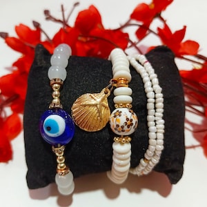 Pearls & Evil Eye Bracelet Set: Indian Party Jewelry