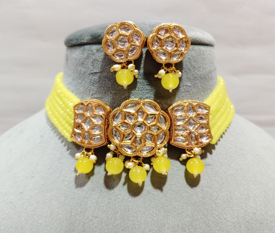 Indian Bridal Jewelry Set - Pearl Necklace & Earrings Gold Plated Wedding Set