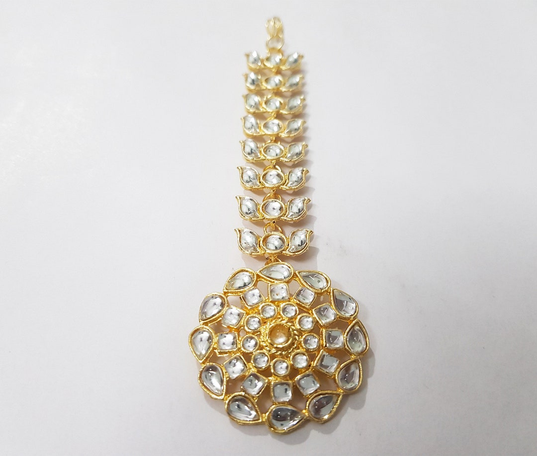 Maang Tikka Bijou De Tête Style Matha - Plaqué Or Blanc Kundan & Perles - Neuf