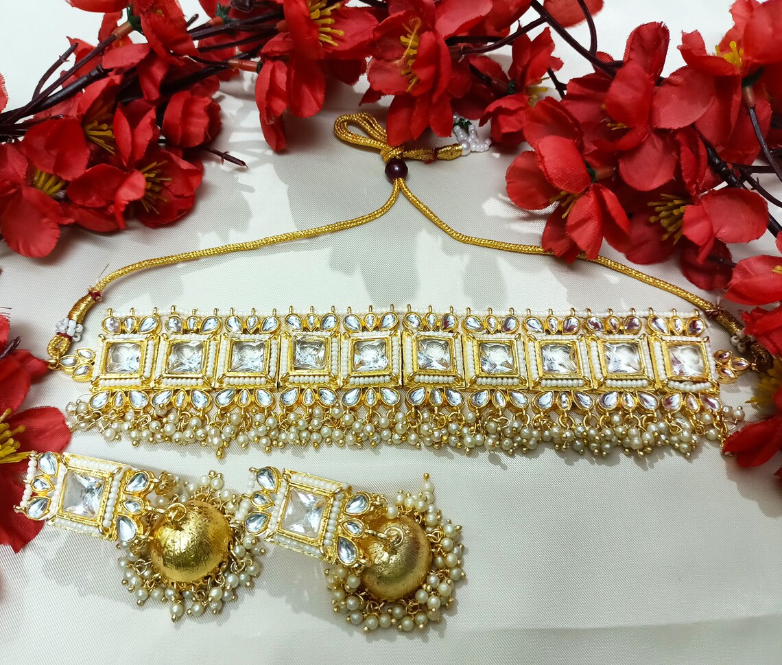 White Kundan Choker Necklace Jhumki Set Indian Kundan Jewelry Etsy
