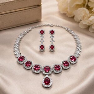 Ruby Red Crystal Statement Necklace Set with Silver Plated CZ Drop Earrings