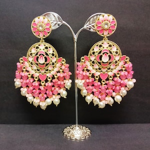 Orecchini da sposa Set Perle Chand Bali Set Meenakari Orecchini da sposa Perle Orecchini Gioielli placcati oro Orecchini celebrità Orecchini Punjabi