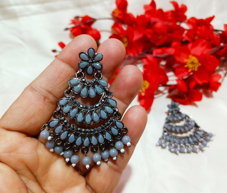 Grey CZ Earrings Bridal Long Earrings Set Indian Earrings Etsy