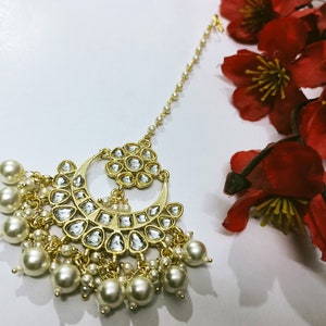 White Kundan Maang Tikka Indian Bridal Tikka Jewelry Pearls Head Piece Indian Jewelry Gold Plated Wedding Women Jewelry Pakistani Jewellery