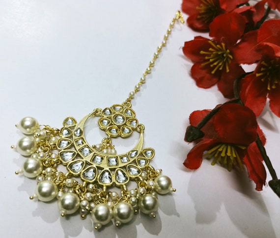 White Kundan Maang Tikka Indian Bridal Tikka Jewelry Pearls Head