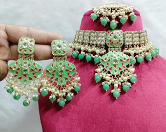 Green Kundan Choker Jewelry Set: Meenakari Bridal Necklace