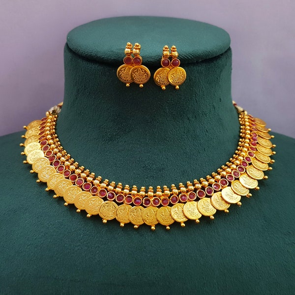 South Indian Jewelry Gold Plated Choker Necklace Earrings Ginni Choker Red, Multi Color, Green and Golden Choker Necklace Wedding Women Gift