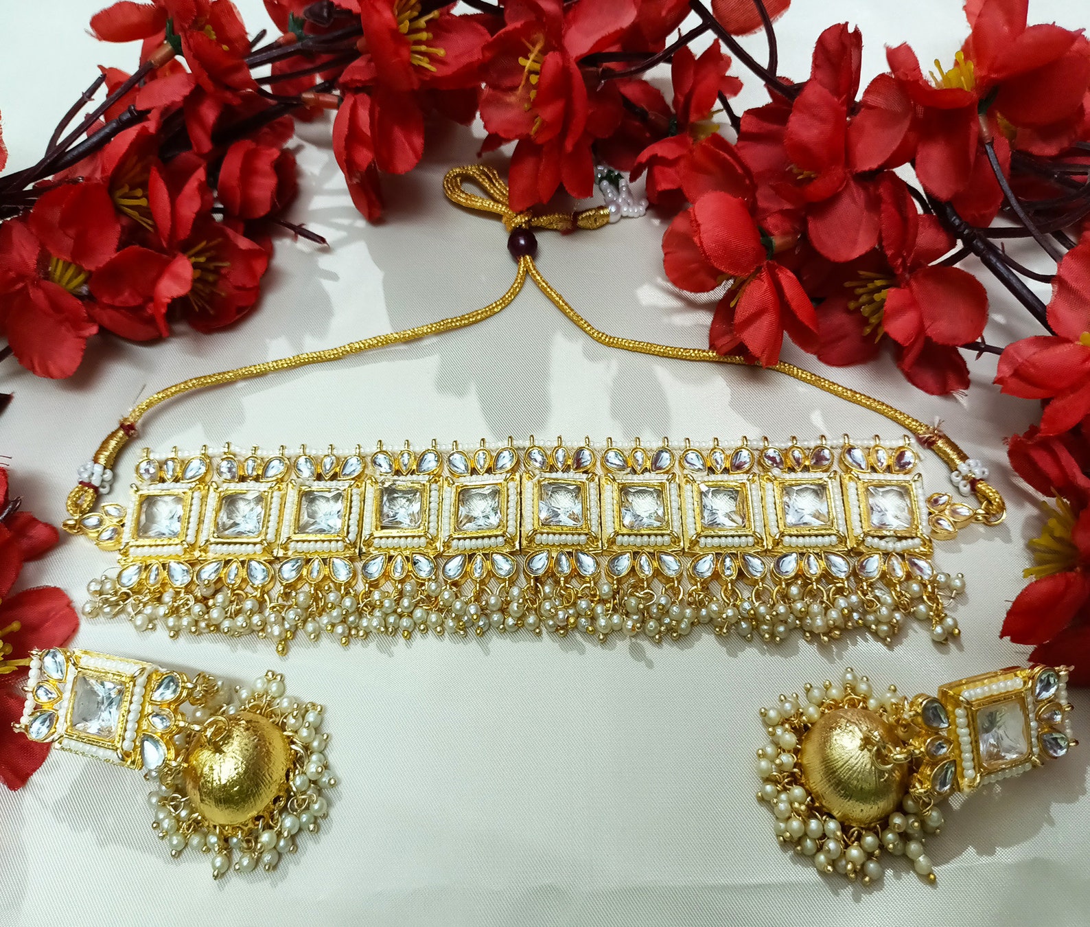 White Kundan Choker Necklace Jhumki Set Indian Kundan Jewelry Etsy