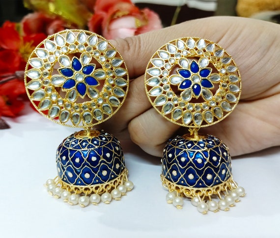 Indian Kundan Jhumki Earrings Blue Meenakari Earrings Bridal Earrings  Indian Earrings Pearls Jhumka Set Party Wear Wedding Punjabi Earrings -  Etsy Israel