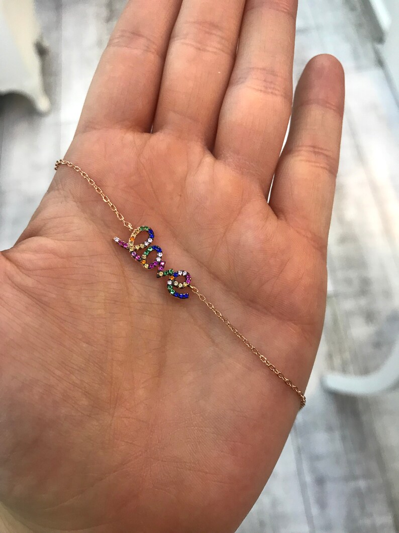 Rainbow Love Bracelet CZ 925 Silver Gemstone 14K Rose Gold Plated