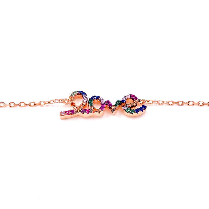 Rainbow Love Bracelet CZ 925 Silver Gemstone 14K Rose Gold Plated