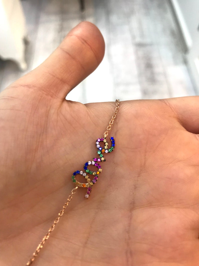 Rainbow Love Bracelet CZ 925 Silver Gemstone 14K Rose Gold Plated