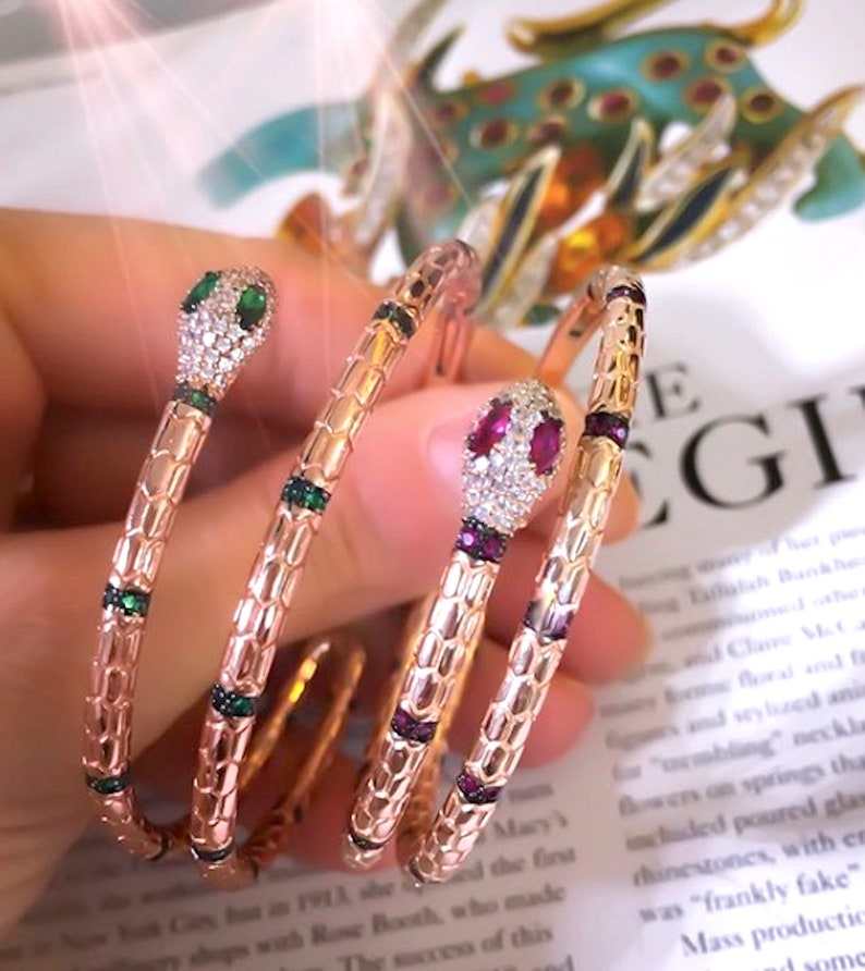 925 Solid Sterling Silver Bracelet Rose Gold Vermeil Cubic Zirconia Gemstone Bangle Green Pink Snake Cuff Bracelet