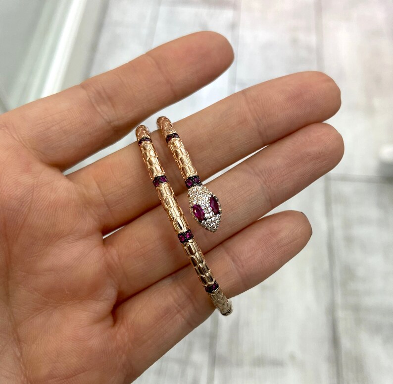 925 Solid Sterling Silver Bracelet Rose Gold Vermeil Cubic Zirconia Gemstone Bangle Green Pink Snake Cuff Bracelet