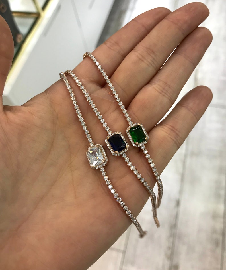 Baguette Tennis Bracelet Colorful Cubic Zirconia 925 Silver Gemstone 14k Rose Gold
