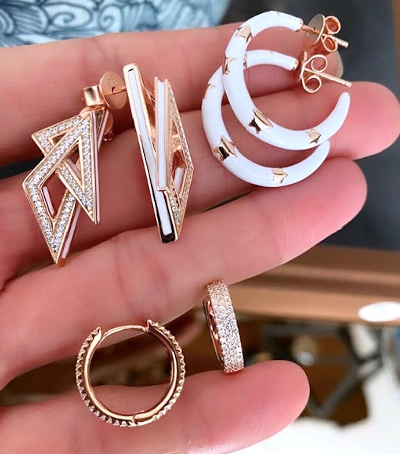 Double Triangle Statement Earring 925 Solid Sterling Silver Clear CZ Gemstone Geometric Earring Rose Gold Vermeil