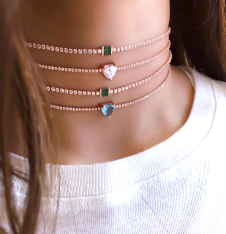 Green Baguette Stone Tennis Choker Zirconia Gemstone 925 Solid Sterling Silver Rose Gold Vermeil