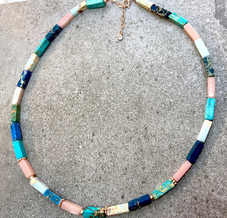Turquoise Lapis Quartz Necklace 925 Solid Sterling Silver Rose Gold Vermeil Colorful Summer Necklace