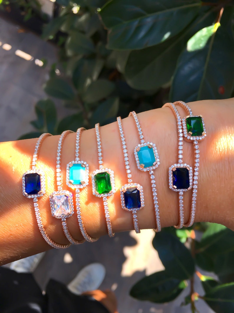 Baguette Tennis Bracelet Colorful Cubic Zirconia 925 Silver Gemstone 14k Rose Gold